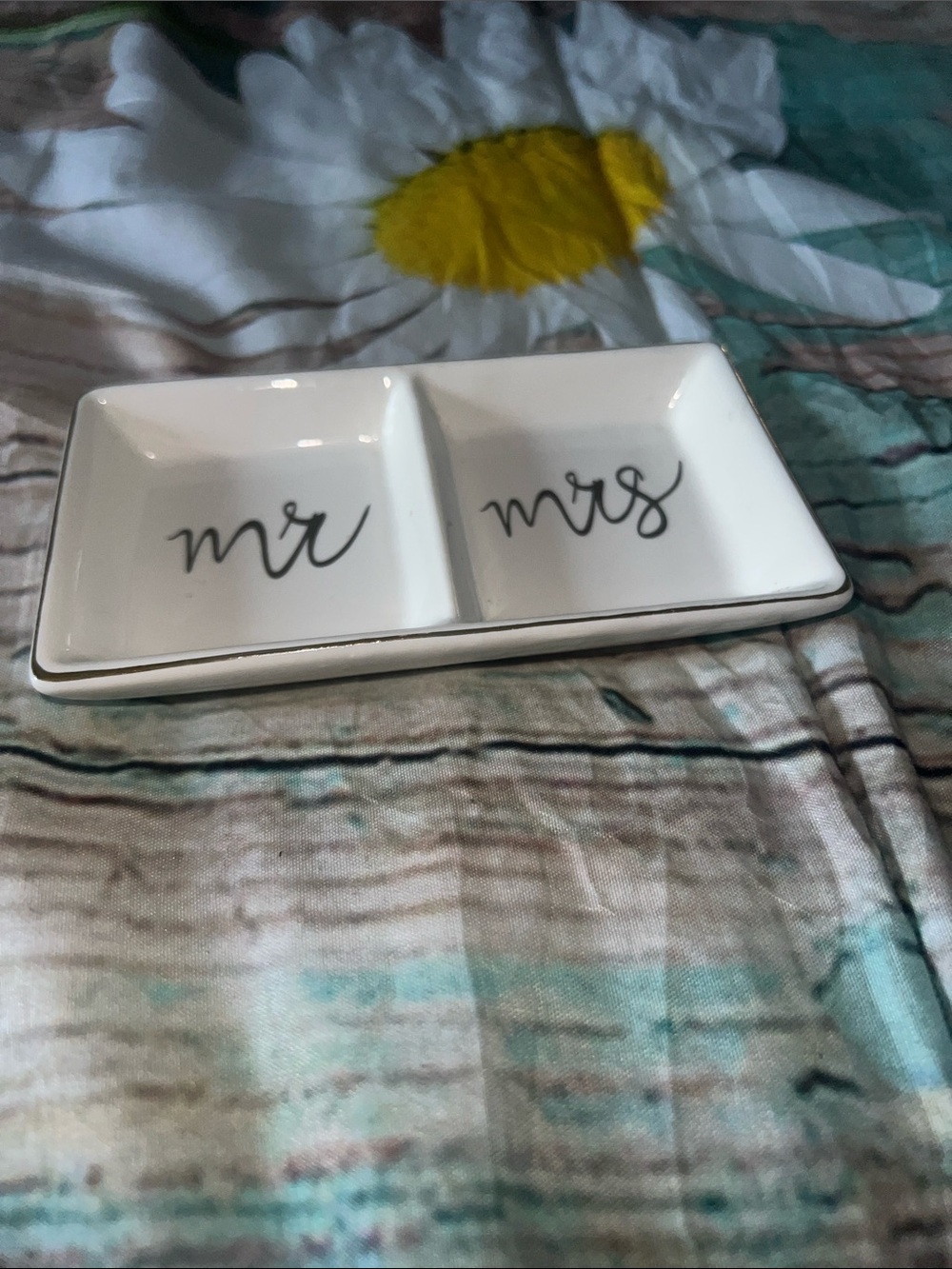 Mr & Mrs Ceramic Divided Trinket Dish - White with Gold Script